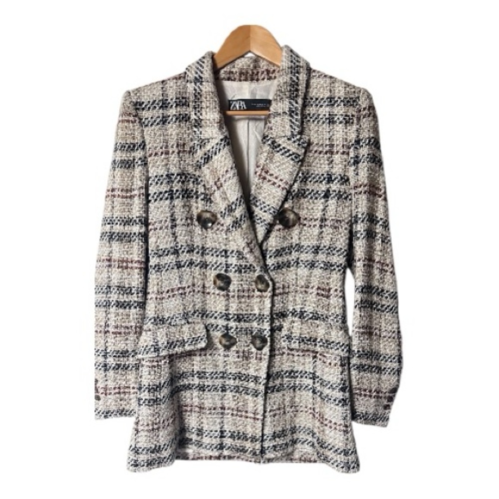 Zara Woman Plaid Tweed BlazerSize M  Beige Cream Double Breasted Boucle Classic